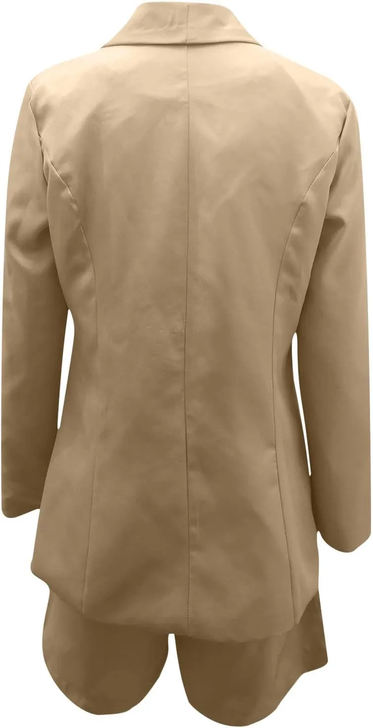 HGps8w 3 Piece Blazer Sets for Women Summer Open Front Button Blazer   Crop Tops   Belted Shorts Business Suit Formal Outfits