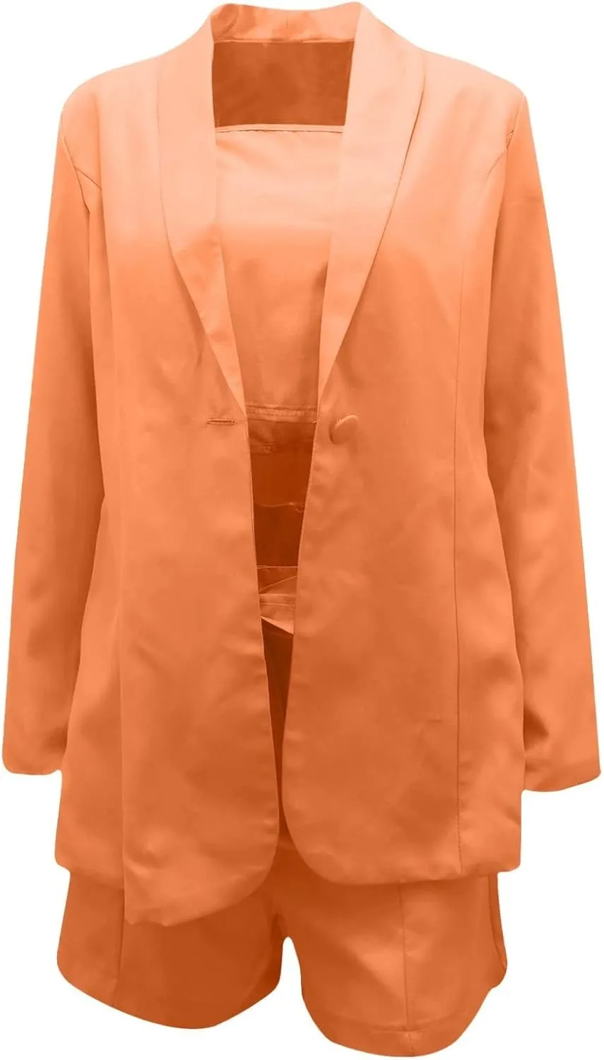 HGps8w 3 Piece Blazer Sets for Women Summer Open Front Button Blazer   Crop Tops   Belted Shorts Business Suit Formal Outfits