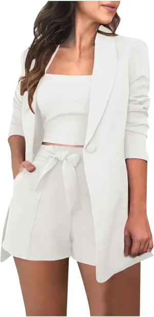 HGps8w 3 Piece Blazer Sets for Women Summer Open Front Button Blazer   Crop Tops   Belted Shorts Business Suit Formal Outfits