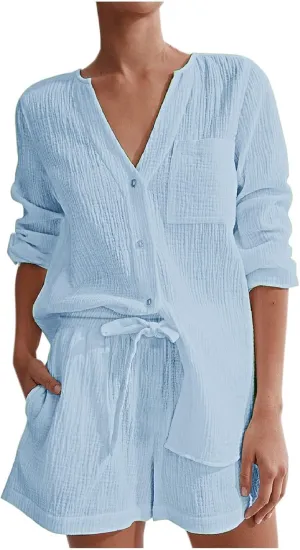 HGps8w Two Piece Outfits for Women Soft Cotton Loose Short Sleeve Button Down Shirts Summer Shorts Lounge Set with Pockets