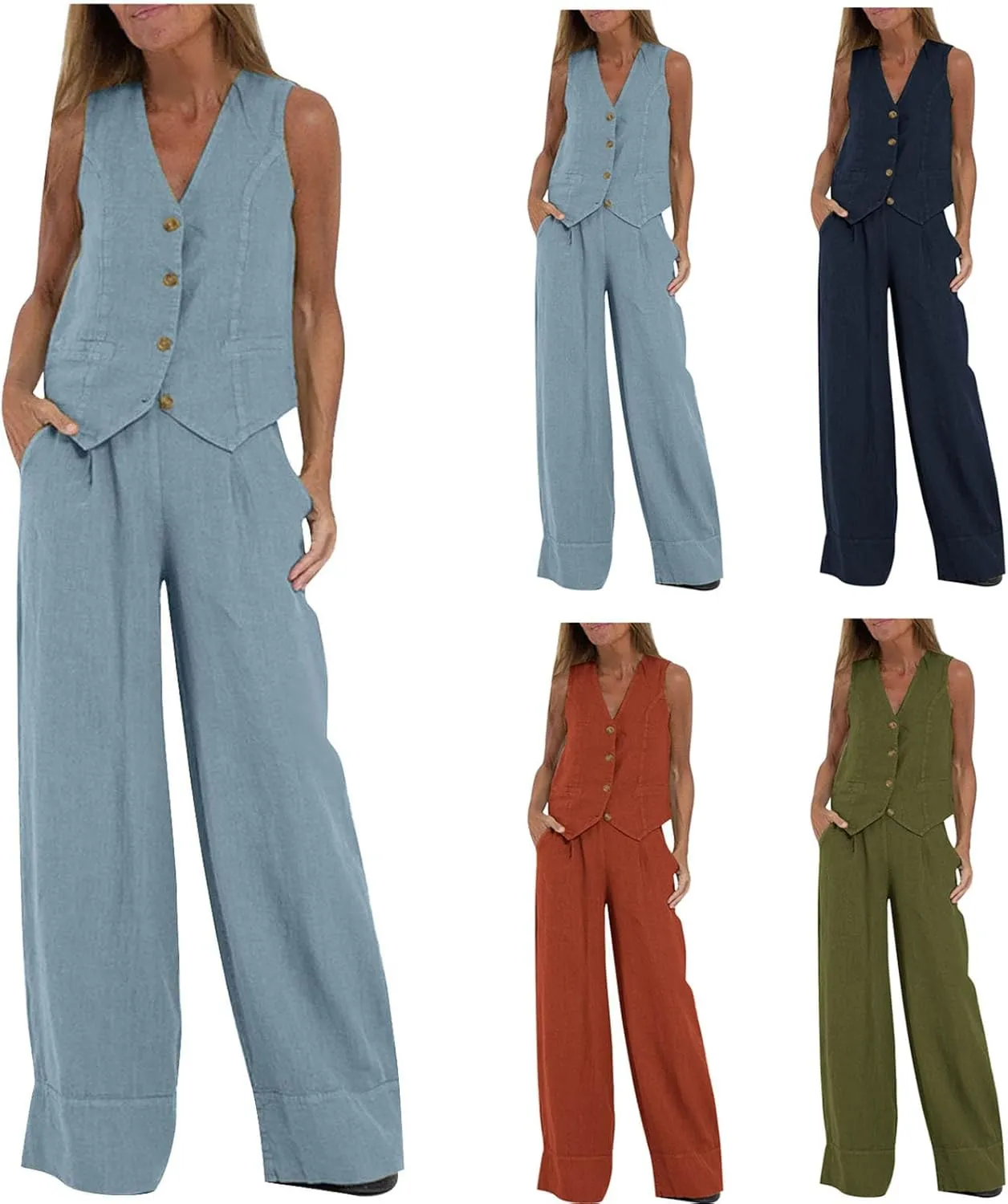 HGps8w Womens 2 Piece Outfits Cotton Linen Business Casual Sets V Neck Button Front Tank Tops Vest Pants Suits with Pockets