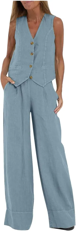 HGps8w Womens 2 Piece Outfits Cotton Linen Business Casual Sets V Neck Button Front Tank Tops Vest Pants Suits with Pockets