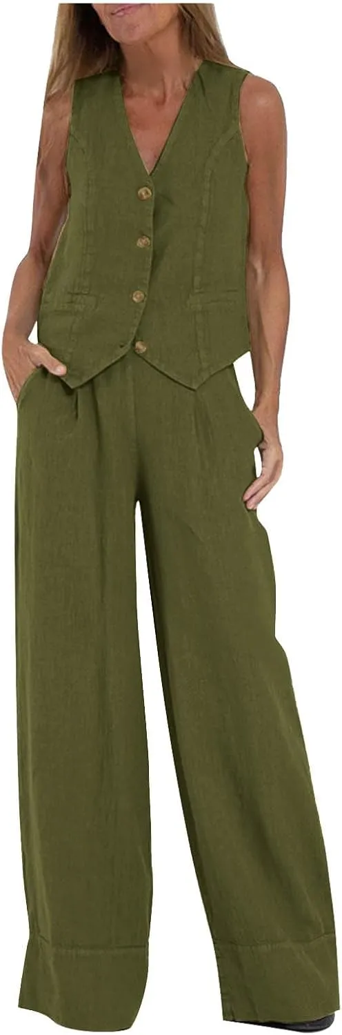 HGps8w Womens 2 Piece Outfits Cotton Linen Business Casual Sets V Neck Button Front Tank Tops Vest Pants Suits with Pockets
