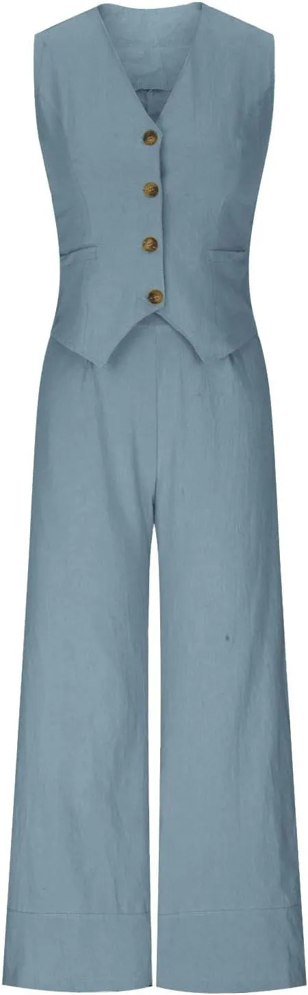 HGps8w Womens 2 Piece Outfits Cotton Linen Business Casual Sets V Neck Button Front Tank Tops Vest Pants Suits with Pockets