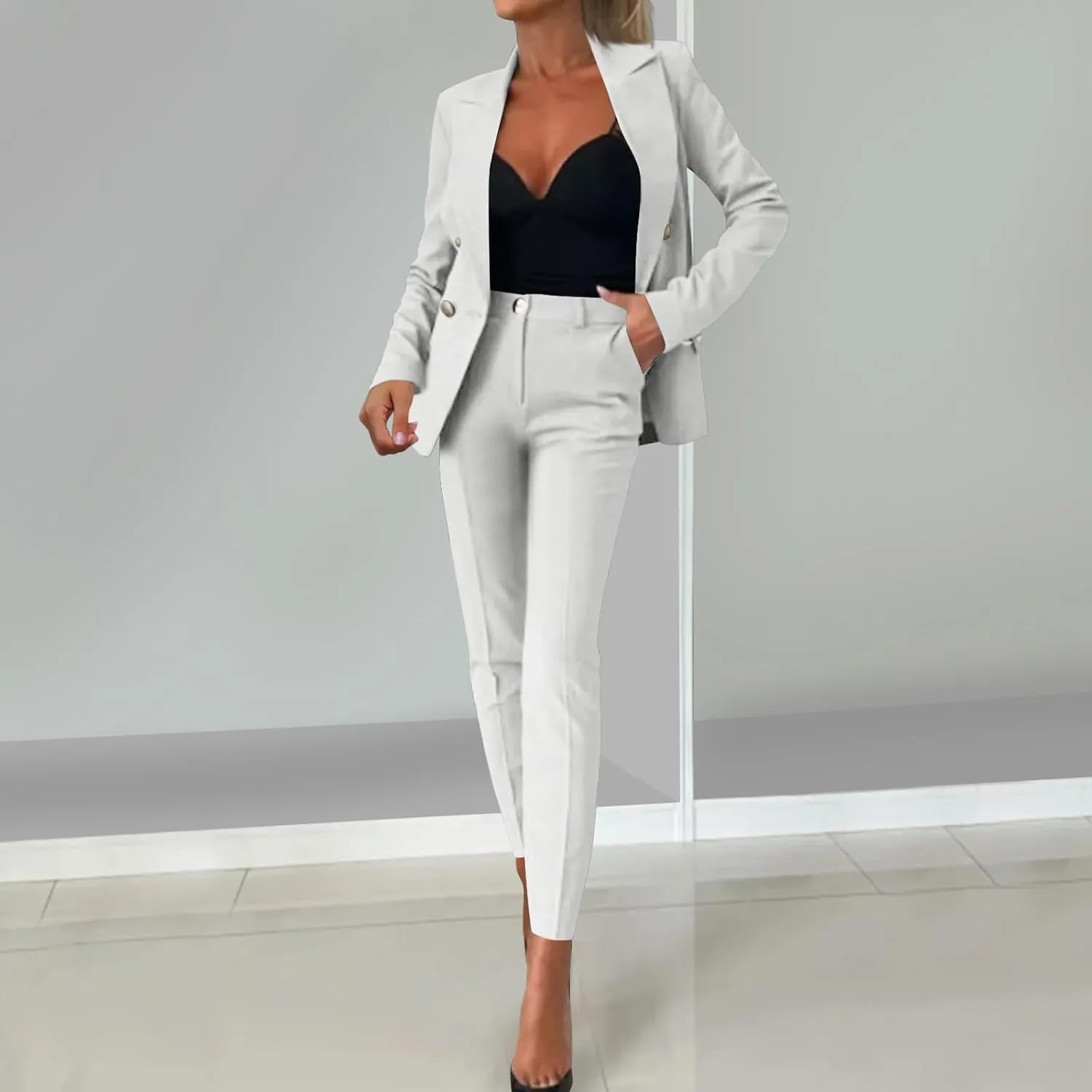 HGps8w Women's 2 Piece Outfits Dressy Classic Long Sleeve Blazers with Pencil Pants Formal Office Pant Suits