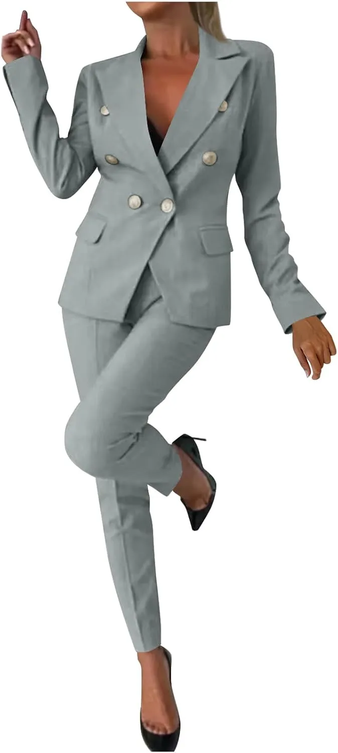 HGps8w Women's 2 Piece Outfits Dressy Classic Long Sleeve Blazers with Pencil Pants Formal Office Pant Suits
