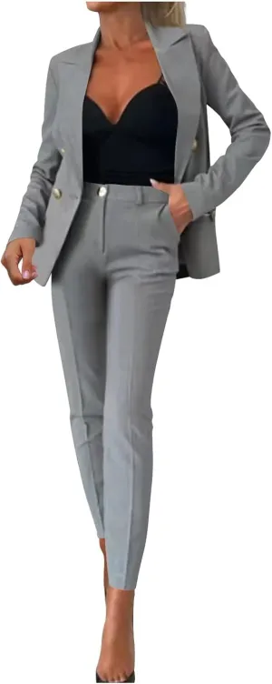 HGps8w Women's 2 Piece Outfits Dressy Classic Long Sleeve Blazers with Pencil Pants Formal Office Pant Suits