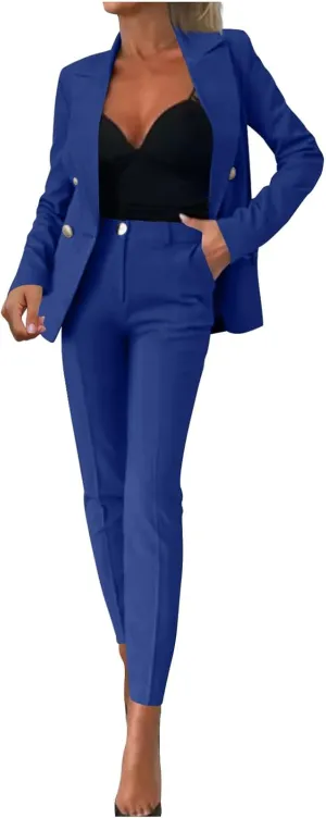 HGps8w Women's 2 Piece Outfits Dressy Classic Long Sleeve Blazers with Pencil Pants Formal Office Pant Suits