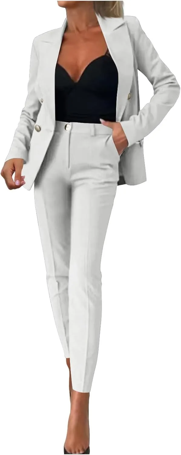 HGps8w Women's 2 Piece Outfits Dressy Classic Long Sleeve Blazers with Pencil Pants Formal Office Pant Suits