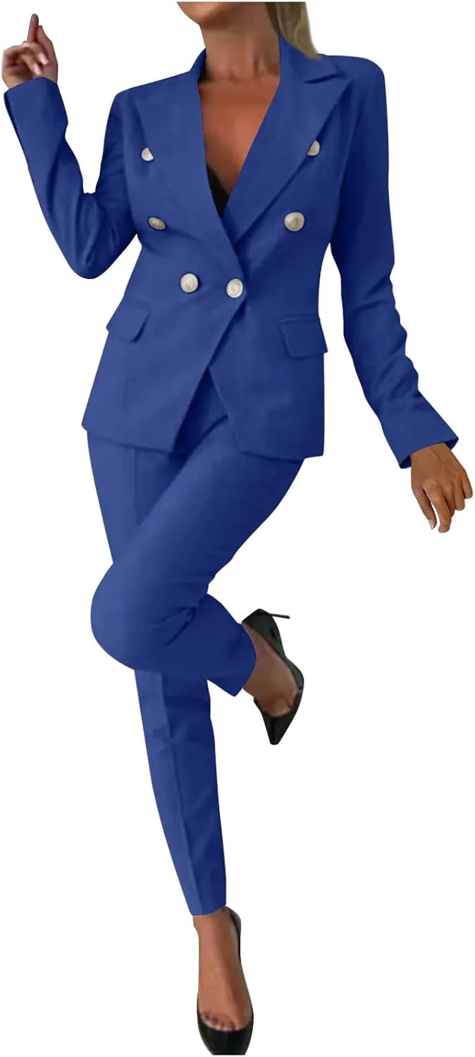 HGps8w Women's 2 Piece Outfits Dressy Classic Long Sleeve Blazers with Pencil Pants Formal Office Pant Suits