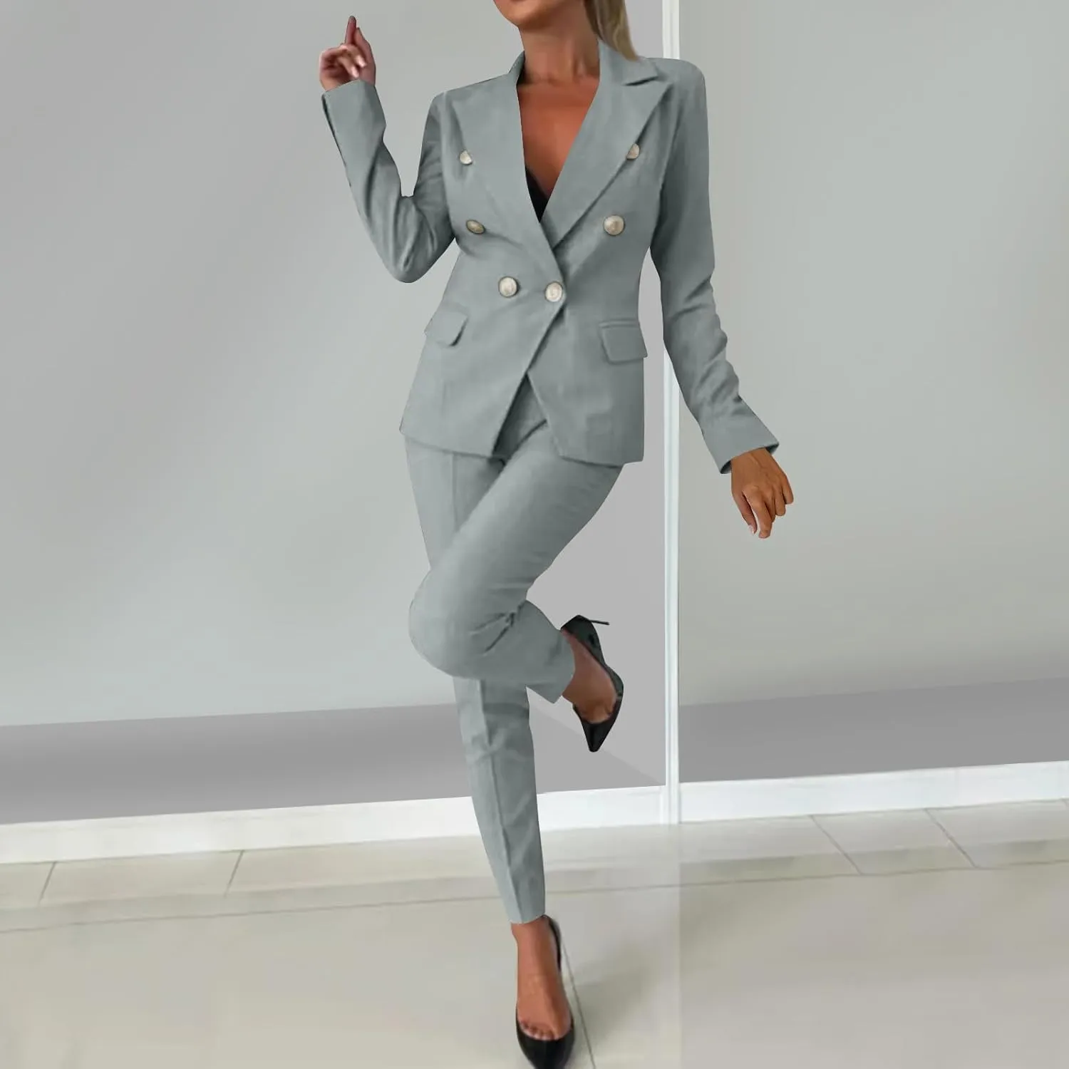 HGps8w Women's 2 Piece Outfits Dressy Classic Long Sleeve Blazers with Pencil Pants Formal Office Pant Suits