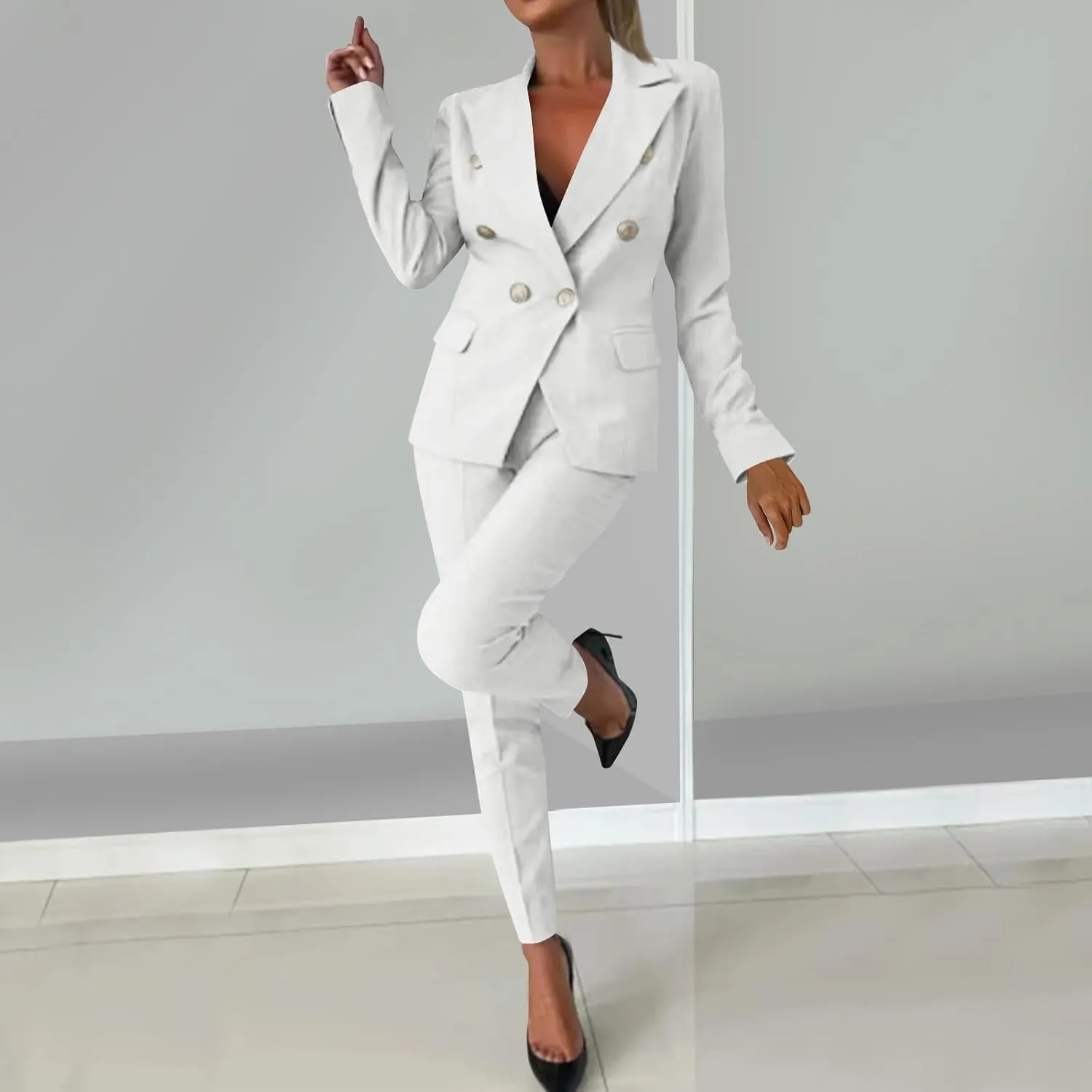 HGps8w Women's 2 Piece Outfits Dressy Classic Long Sleeve Blazers with Pencil Pants Formal Office Pant Suits