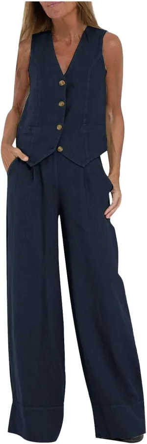 HGps8w Women's Cotton Linen 2 Piece Outfits Sleeveless V Neck Blazer Vest & High Waisted Pants Summer Business Work Sets