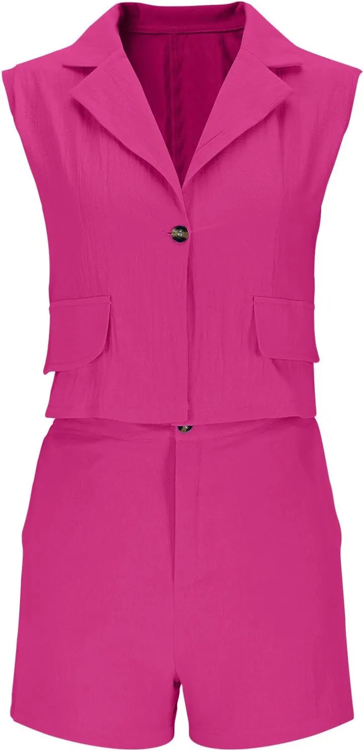HGps8w Women's Linen 2 Piece Outfits Dressy Lapel Sleeveless Blazer Vest & High Waisted Shorts 2025 Summer Formal Office Sets