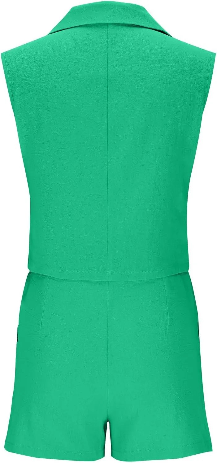 HGps8w Women's Linen 2 Piece Outfits Dressy Lapel Sleeveless Blazer Vest & High Waisted Shorts 2025 Summer Formal Office Sets