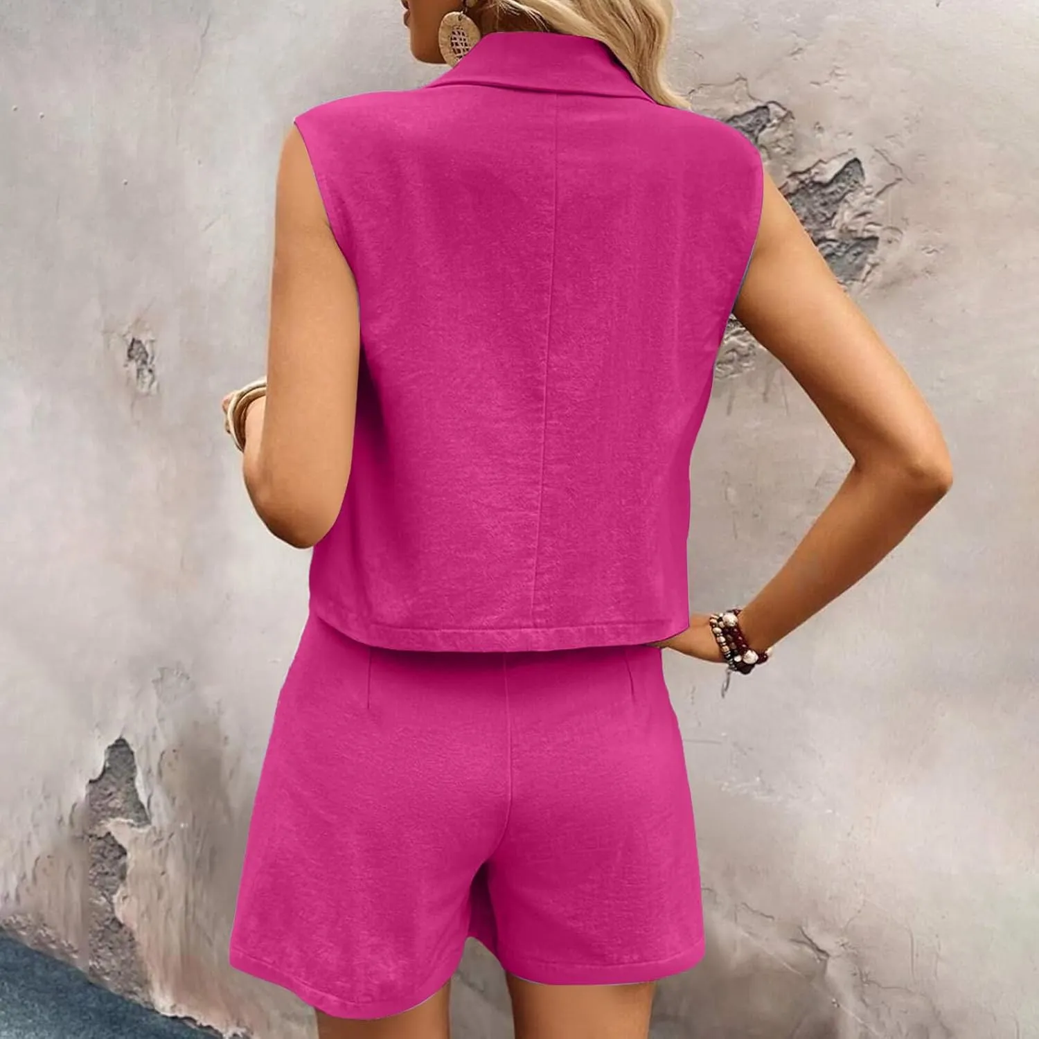 HGps8w Women's Linen 2 Piece Outfits Dressy Lapel Sleeveless Blazer Vest & High Waisted Shorts 2025 Summer Formal Office Sets