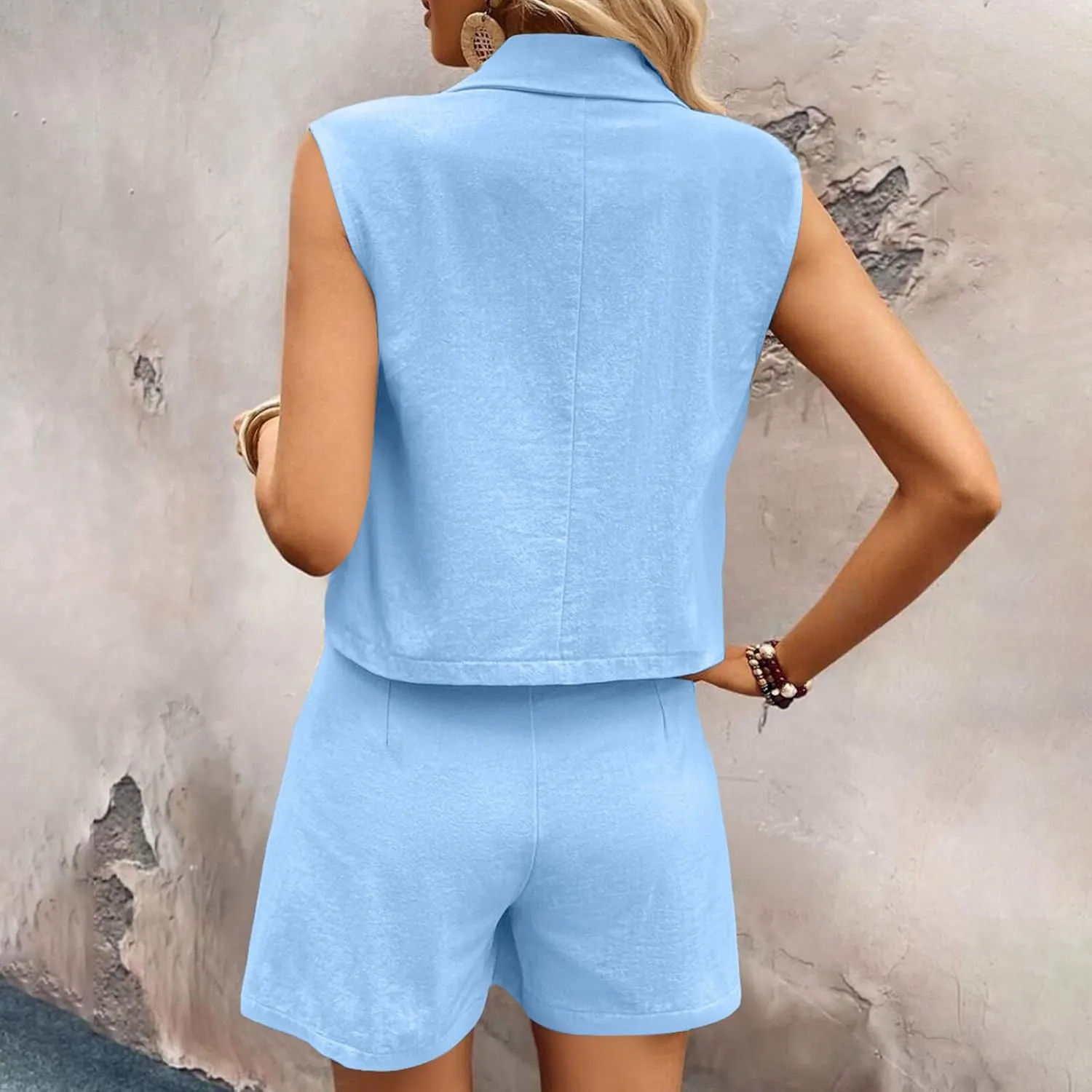 HGps8w Women's Linen 2 Piece Outfits Dressy Lapel Sleeveless Blazer Vest & High Waisted Shorts 2025 Summer Formal Office Sets