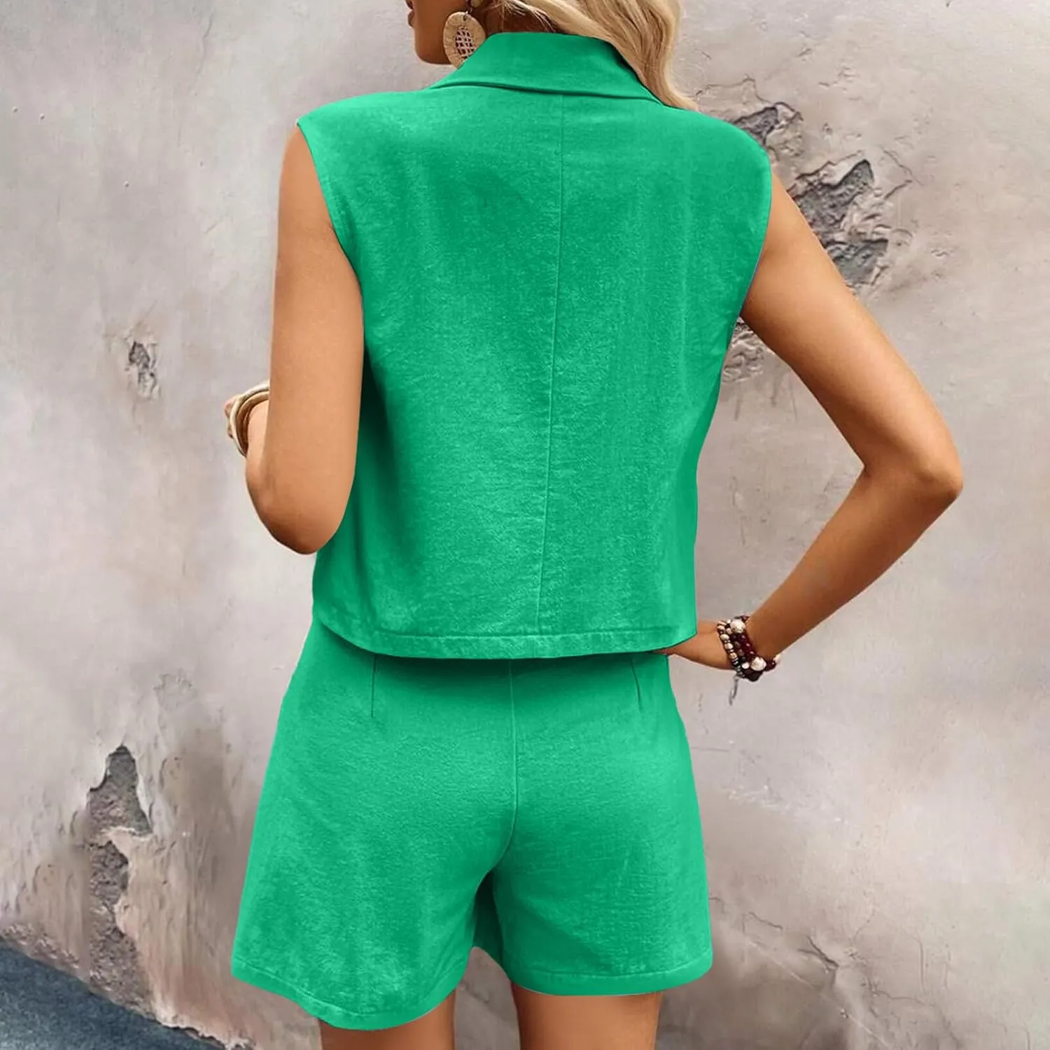 HGps8w Women's Linen 2 Piece Outfits Dressy Lapel Sleeveless Blazer Vest & High Waisted Shorts 2025 Summer Formal Office Sets
