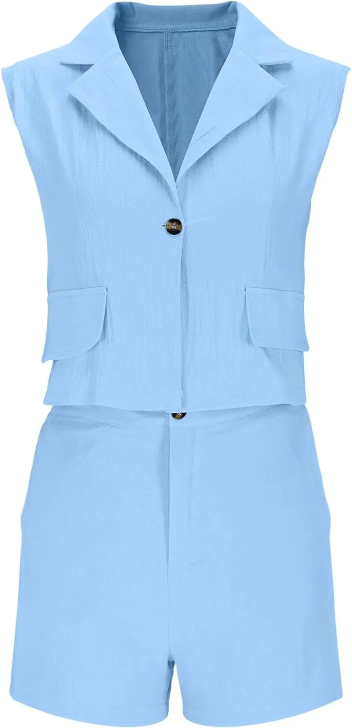 HGps8w Women's Linen 2 Piece Outfits Dressy Lapel Sleeveless Blazer Vest & High Waisted Shorts 2025 Summer Formal Office Sets