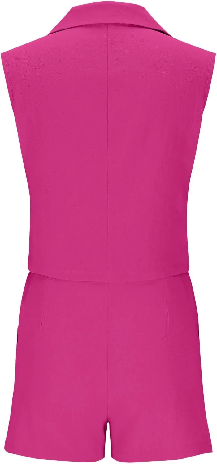 HGps8w Women's Linen 2 Piece Outfits Dressy Lapel Sleeveless Blazer Vest & High Waisted Shorts 2025 Summer Formal Office Sets