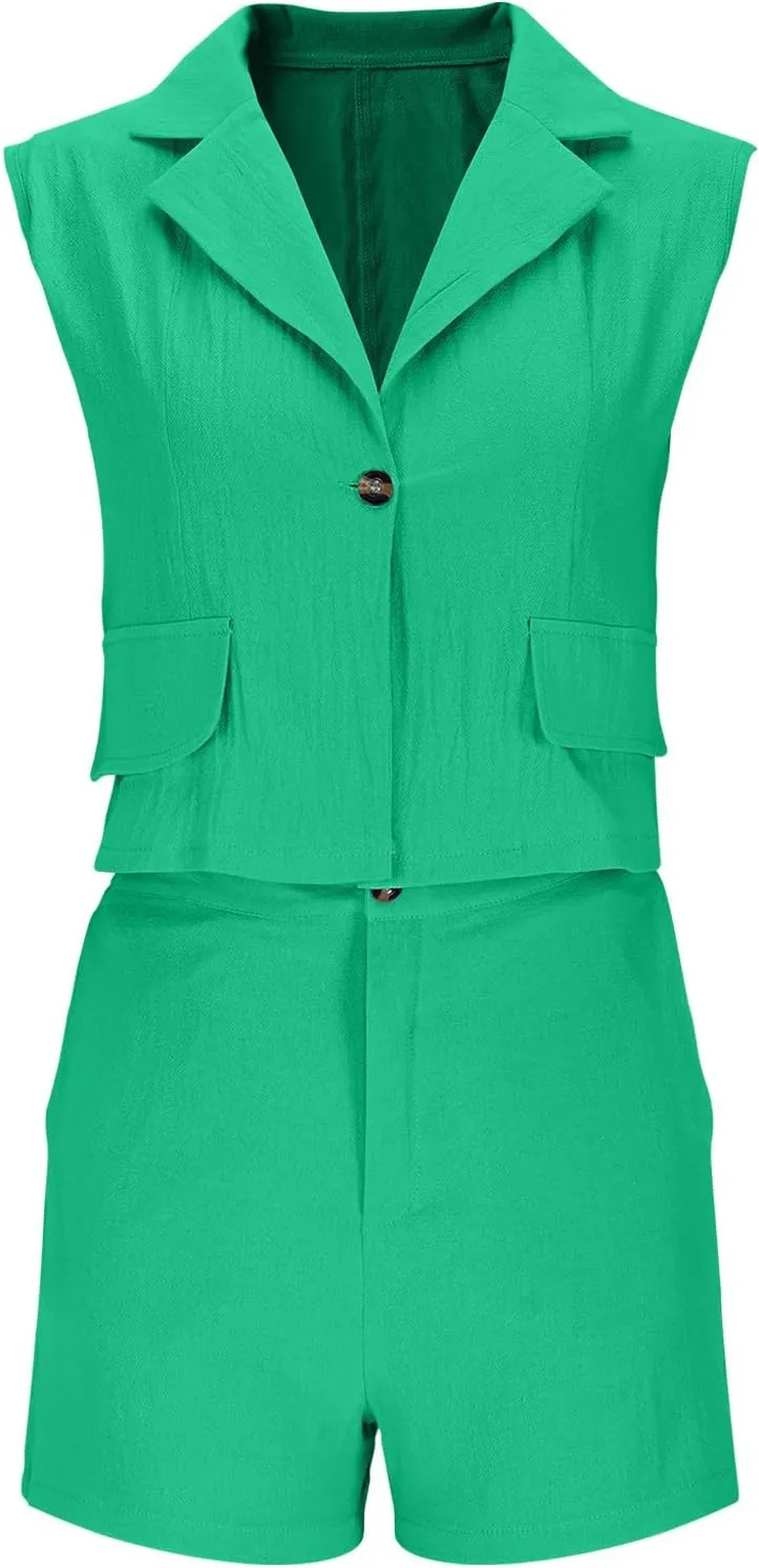 HGps8w Women's Linen 2 Piece Outfits Dressy Lapel Sleeveless Blazer Vest & High Waisted Shorts 2025 Summer Formal Office Sets