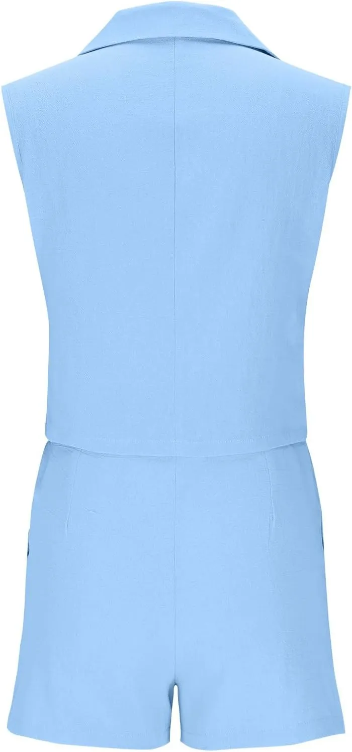 HGps8w Women's Linen 2 Piece Outfits Dressy Lapel Sleeveless Blazer Vest & High Waisted Shorts 2025 Summer Formal Office Sets
