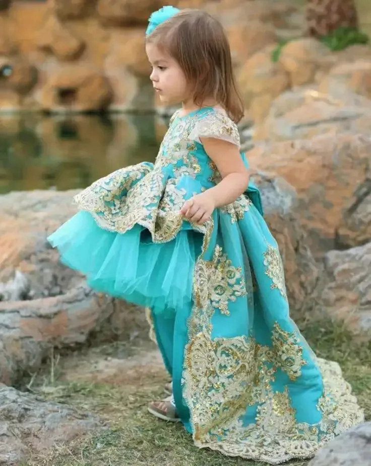 High-Low Elegant Embroidery Puffy Princess Party Dresses for Girls
