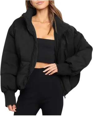 HIKO23 Women Short Puffer Jacket Fashion Full Zip Winter Down Coats Mock Neck Warm Cropped Outwear Overcoats