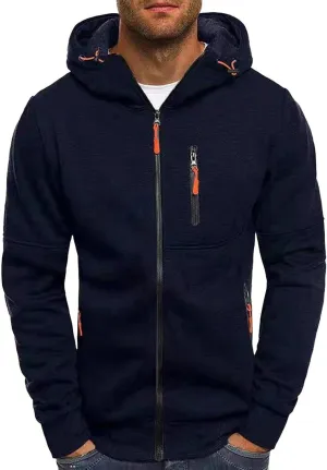 Hoodies for Men Zip Up, Mens Zip Up Hoodies Solid Color Hooded Slim Fit Long Sleeve Lightweight Sweatshirt With Kanga Pocket