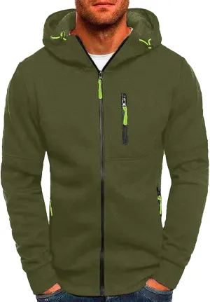 Hoodies for Men Zip Up, Mens Zip Up Hoodies Solid Color Hooded Slim Fit Long Sleeve Lightweight Sweatshirt With Kanga Pocket