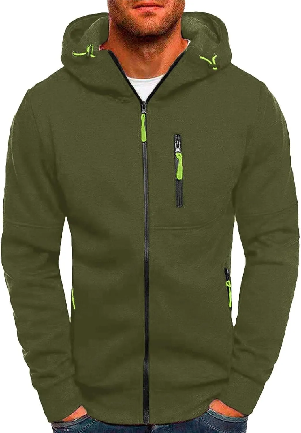 Hoodies for Men Zip Up, Mens Zip Up Hoodies Solid Color Hooded Slim Fit Long Sleeve Lightweight Sweatshirt With Kanga Pocket