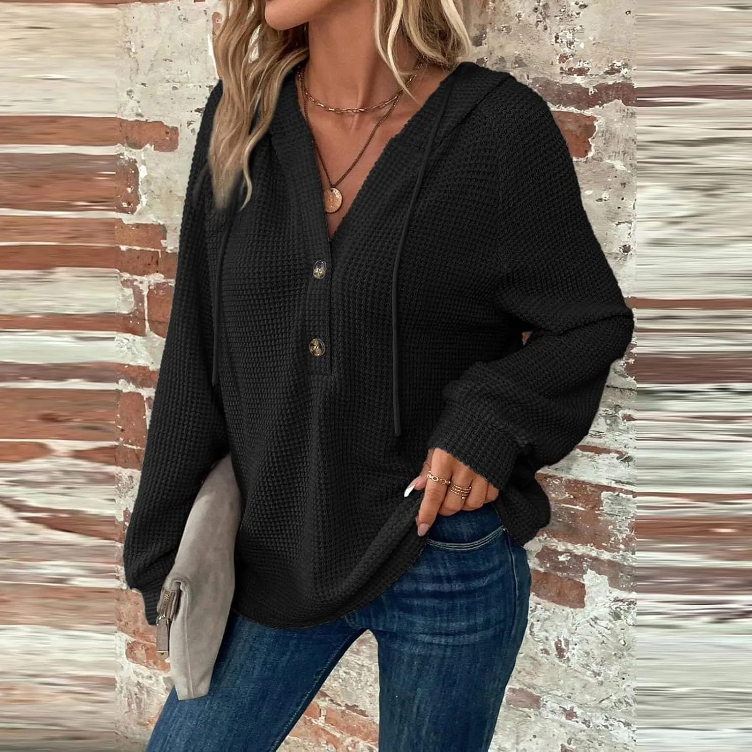 Hoodies For Women Button Henley V Neck Sweatshirt Waffle Knit Drawstring Cute Hoodies Fall Solid Long Sleeve Pullover