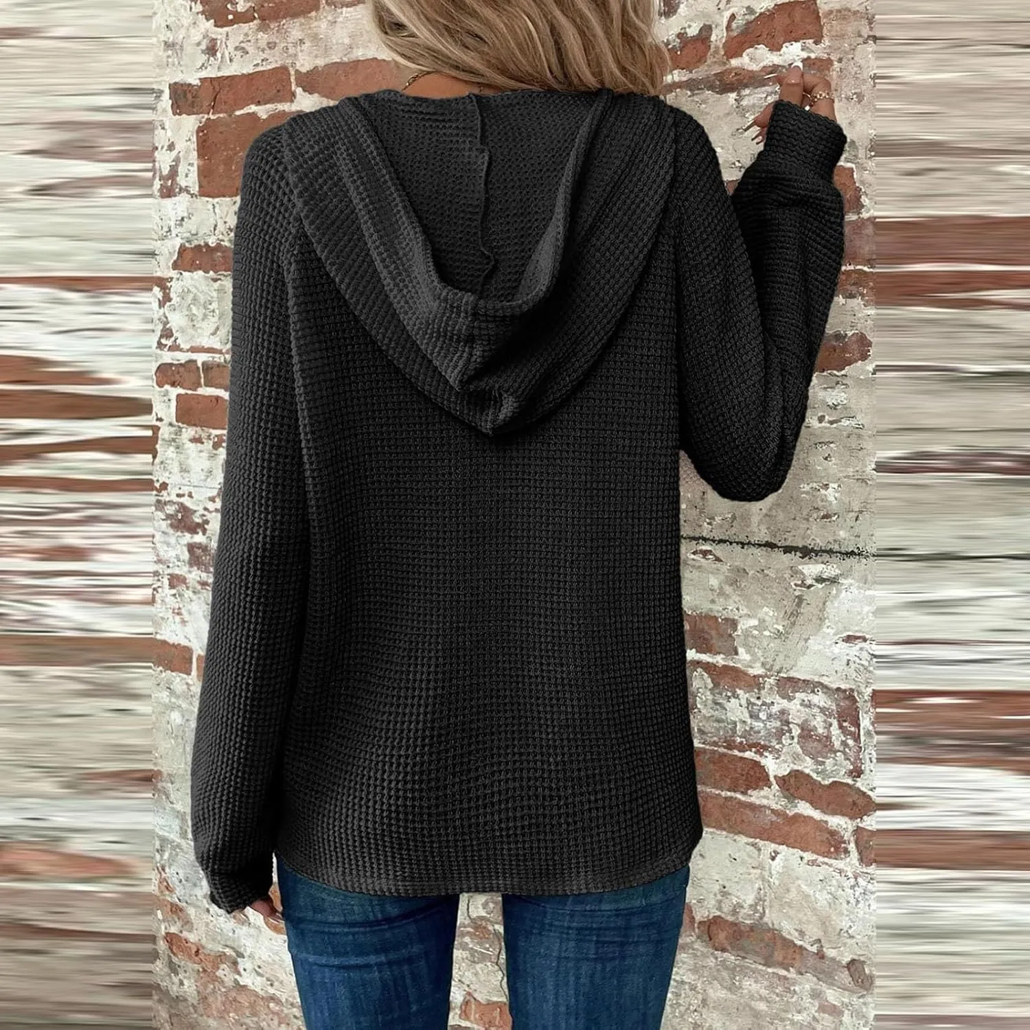 Hoodies For Women Button Henley V Neck Sweatshirt Waffle Knit Drawstring Cute Hoodies Fall Solid Long Sleeve Pullover