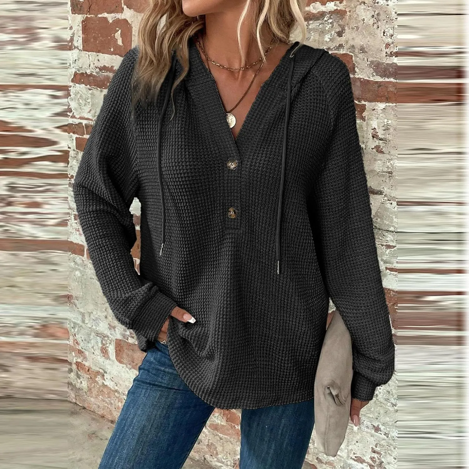 Hoodies For Women Button Henley V Neck Sweatshirt Waffle Knit Drawstring Cute Hoodies Fall Solid Long Sleeve Pullover