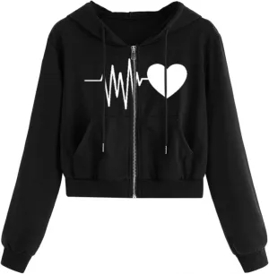 Hoodies for Women Cropped, Women's Zip up Long Sleeve Crop Top Hoodies Casual Drawstring Hooded Sweatshirts