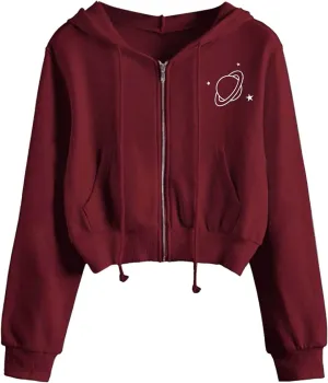 Hoodies for Women Cropped, Women's Zip up Long Sleeve Crop Top Hoodies Casual Drawstring Hooded Sweatshirts