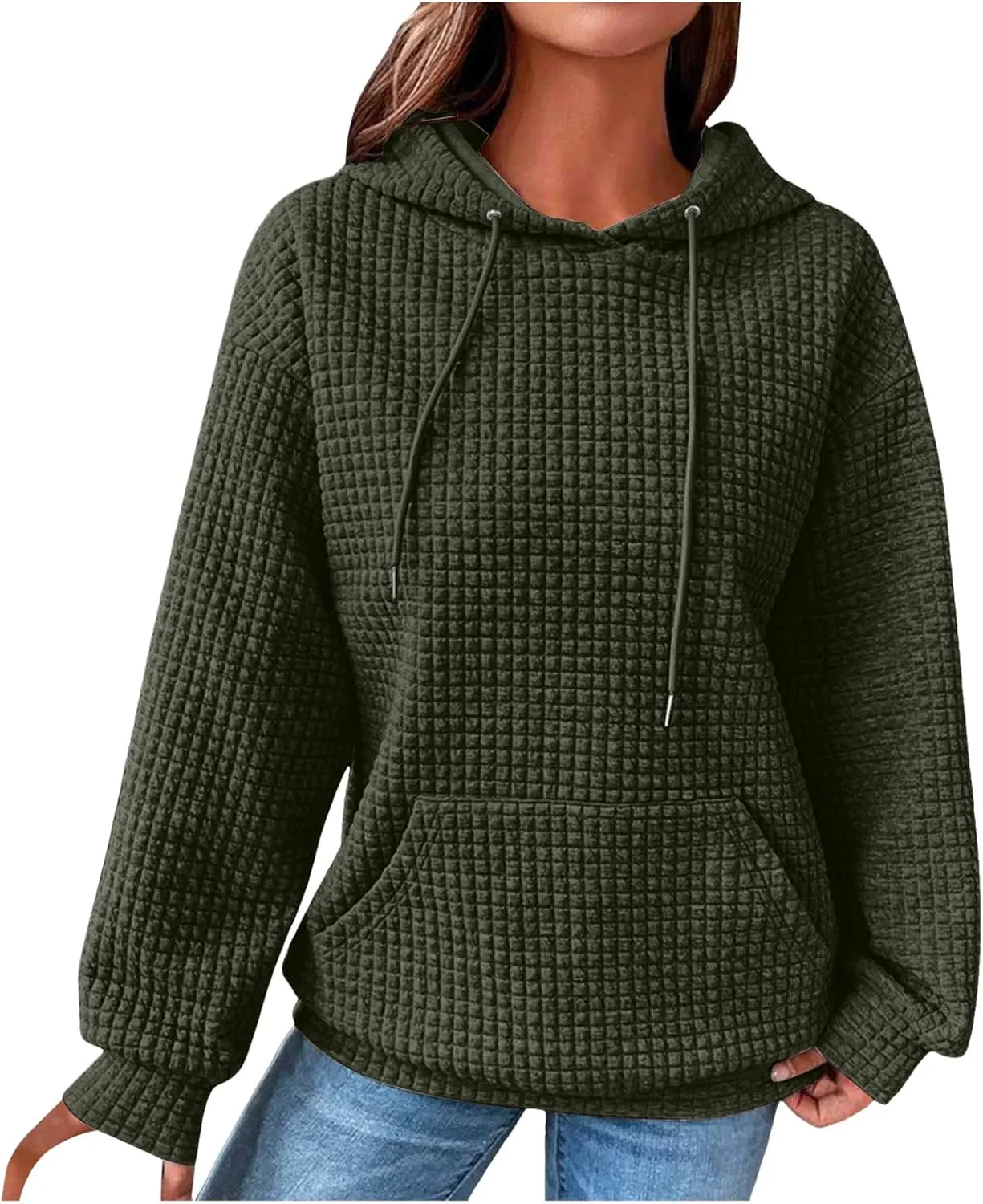 Hoodies for Women Trendy Waffle Knit Drawstring Pullover Loose Fit Casual Cute Sweatshirts Fall Fashion 2024