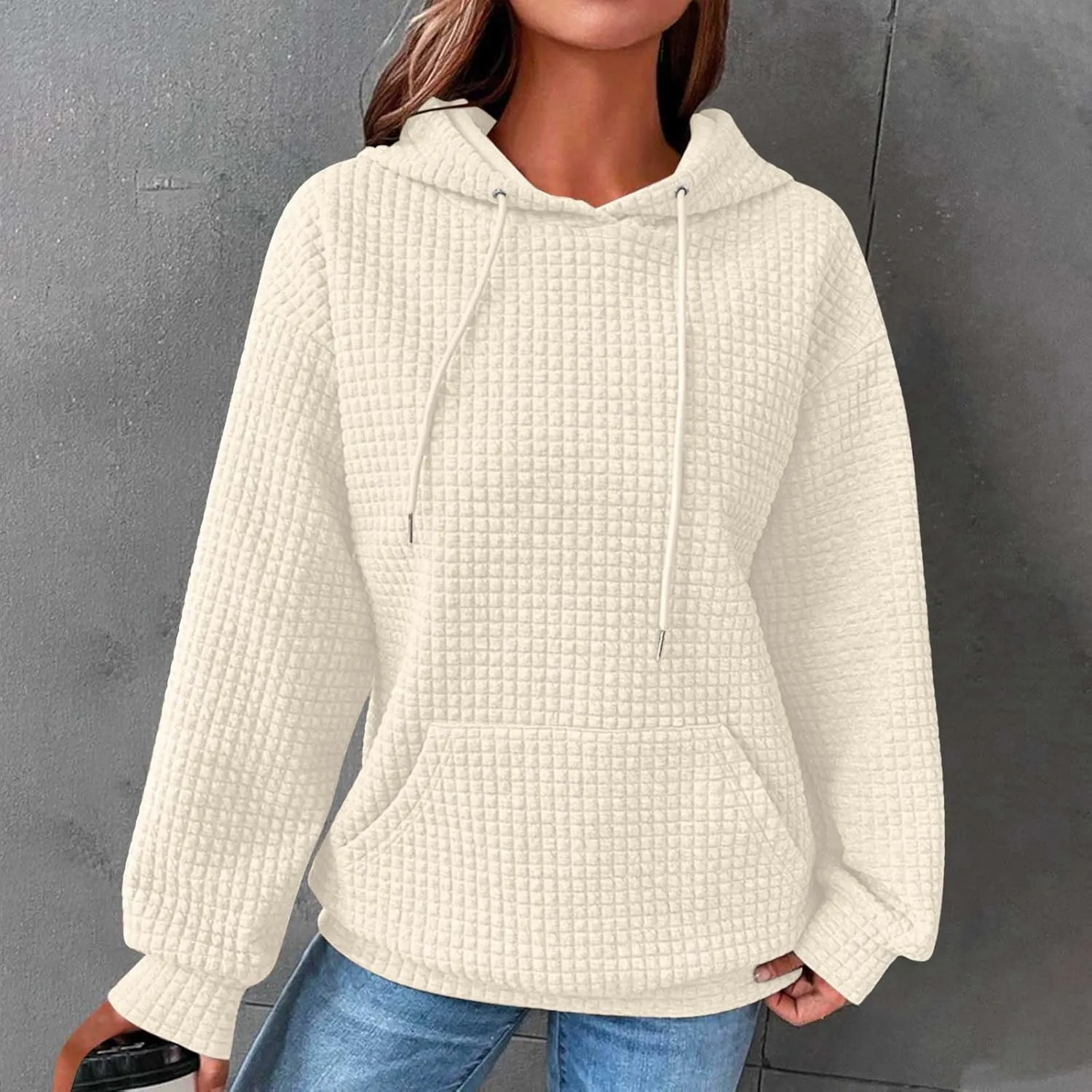 Hoodies for Women Trendy Waffle Knit Drawstring Pullover Loose Fit Casual Cute Sweatshirts Fall Fashion 2024