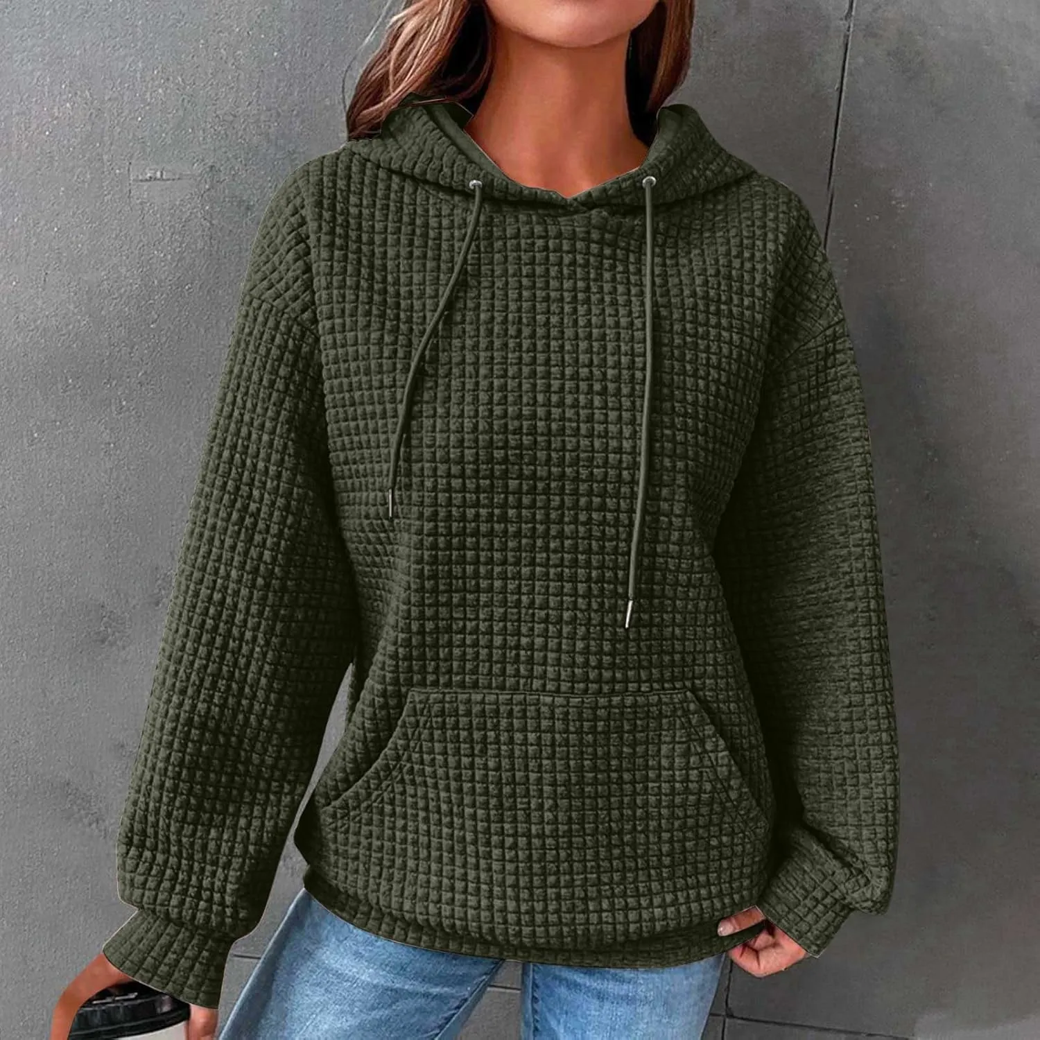 Hoodies for Women Trendy Waffle Knit Drawstring Pullover Loose Fit Casual Cute Sweatshirts Fall Fashion 2024