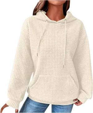 Hoodies for Women Trendy Waffle Knit Drawstring Pullover Loose Fit Casual Cute Sweatshirts Fall Fashion 2024