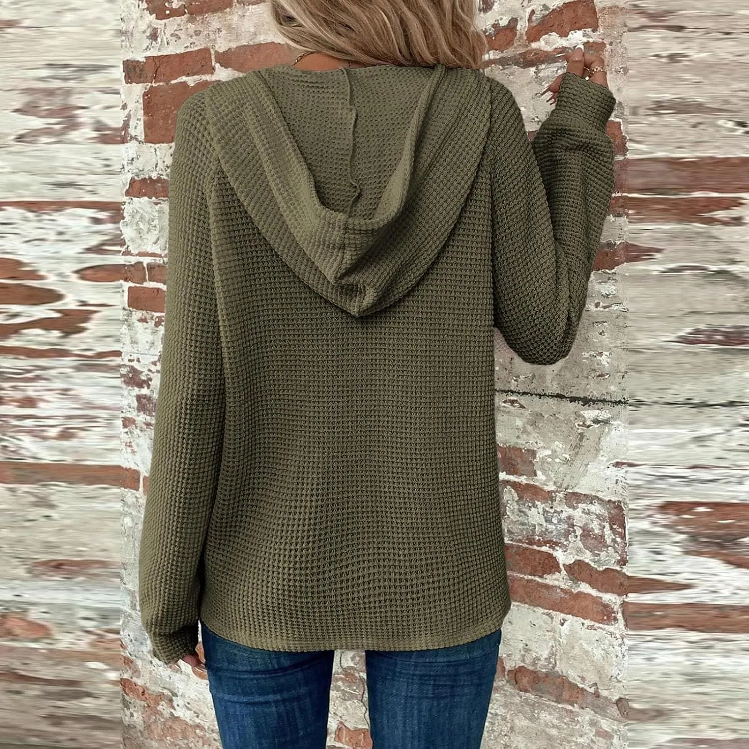 Hoodies For Women Waffle Knit Fall Sweatshirt Hoodie Button Henley V Neck Shirts Long Sleeve Solid Drawstring Pullover