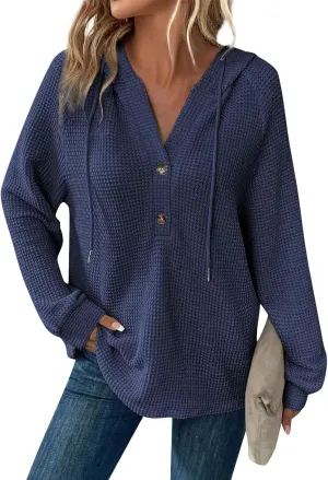 Hoodies For Women Waffle Knit Fall Sweatshirt Hoodie Button Henley V Neck Shirts Long Sleeve Solid Drawstring Pullover