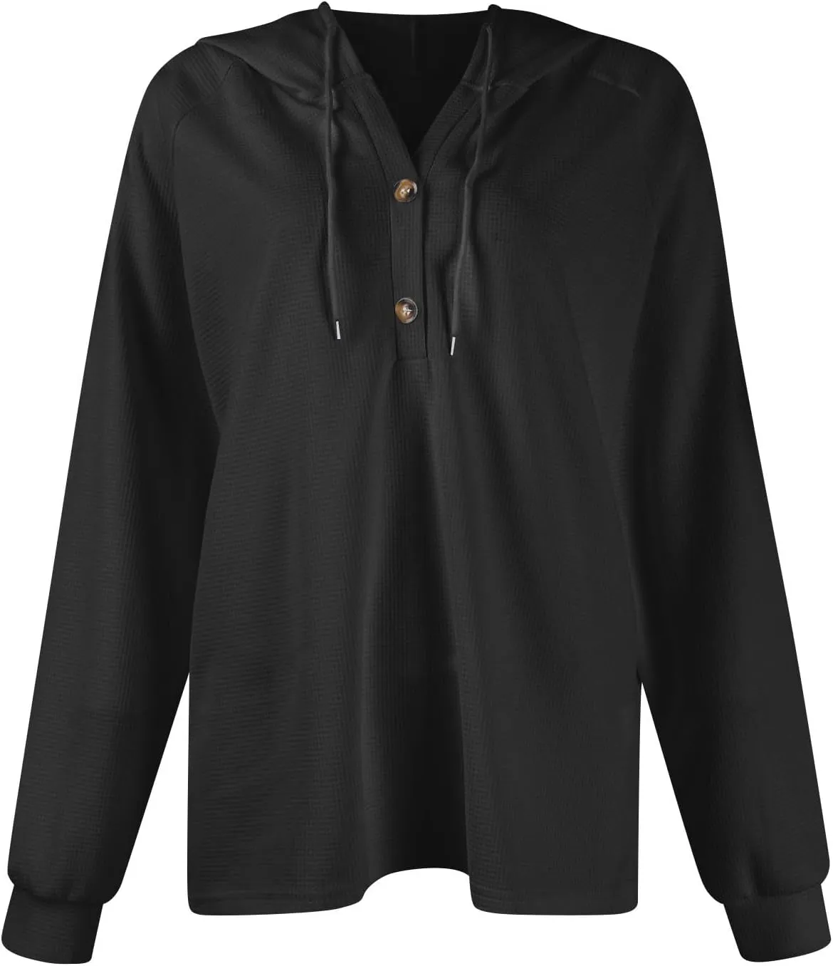 Hoodies For Women Waffle Knit Fall Sweatshirt Hoodie Button Henley V Neck Shirts Long Sleeve Solid Drawstring Pullover