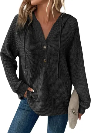Hoodies For Women Waffle Knit Fall Sweatshirt Hoodie Button Henley V Neck Shirts Long Sleeve Solid Drawstring Pullover