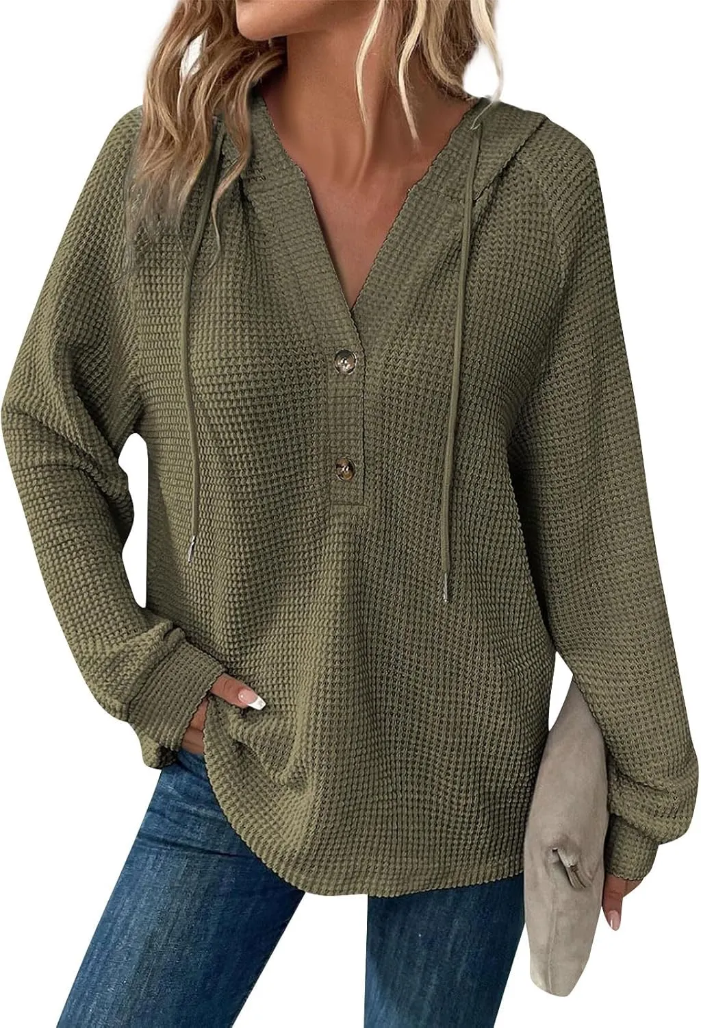 Hoodies For Women Waffle Knit Fall Sweatshirt Hoodie Button Henley V Neck Shirts Long Sleeve Solid Drawstring Pullover
