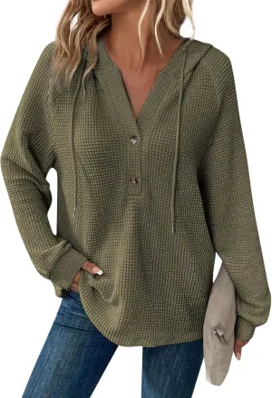 Hoodies For Women Waffle Knit Fall Sweatshirt Hoodie Button Henley V Neck Shirts Long Sleeve Solid Drawstring Pullover