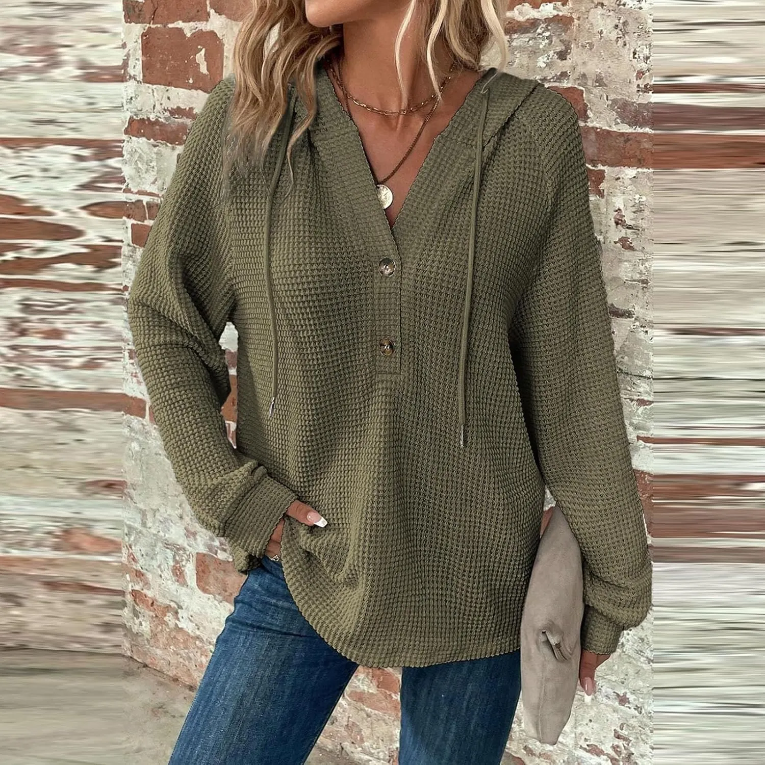 Hoodies For Women Waffle Knit Fall Sweatshirt Hoodie Button Henley V Neck Shirts Long Sleeve Solid Drawstring Pullover