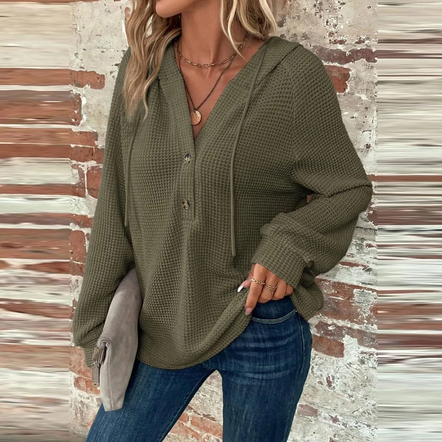 Hoodies For Women Waffle Knit Fall Sweatshirt Hoodie Button Henley V Neck Shirts Long Sleeve Solid Drawstring Pullover
