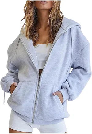 Hoodies for Women Women's Zip Up Y2K Hoodies Casual Long Sleeve Track Jackets With Pockets Drawstring Zip Up Cute