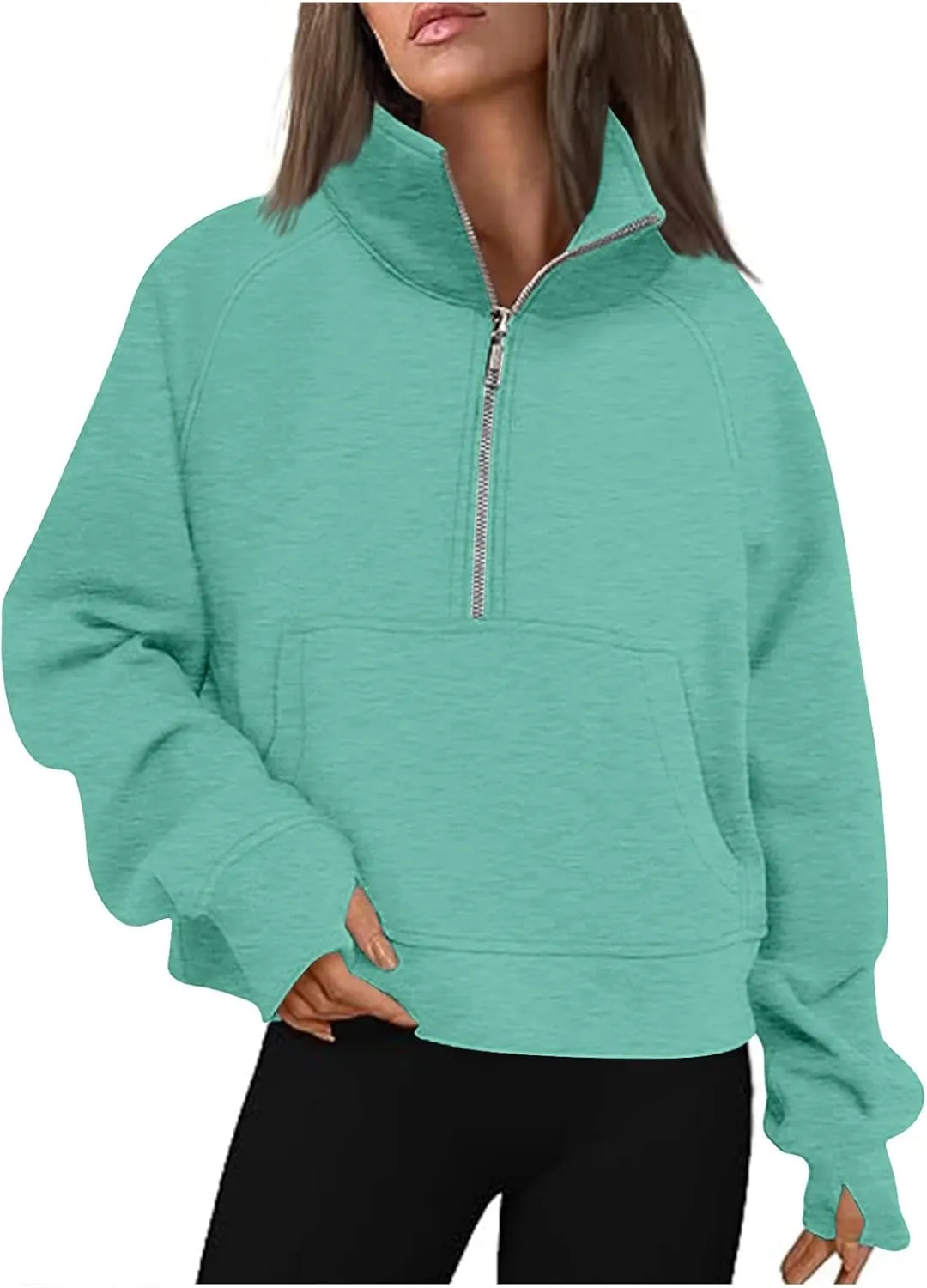 Hoodies Sweatshirts for Women 2024 Casual Long Sleeve Cropped Tops Loose Full and Half Zip up Hooded Sweatshirt with Pocket